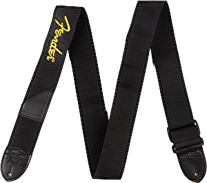 Pás na gitaru, čierny so žltým logom Fender